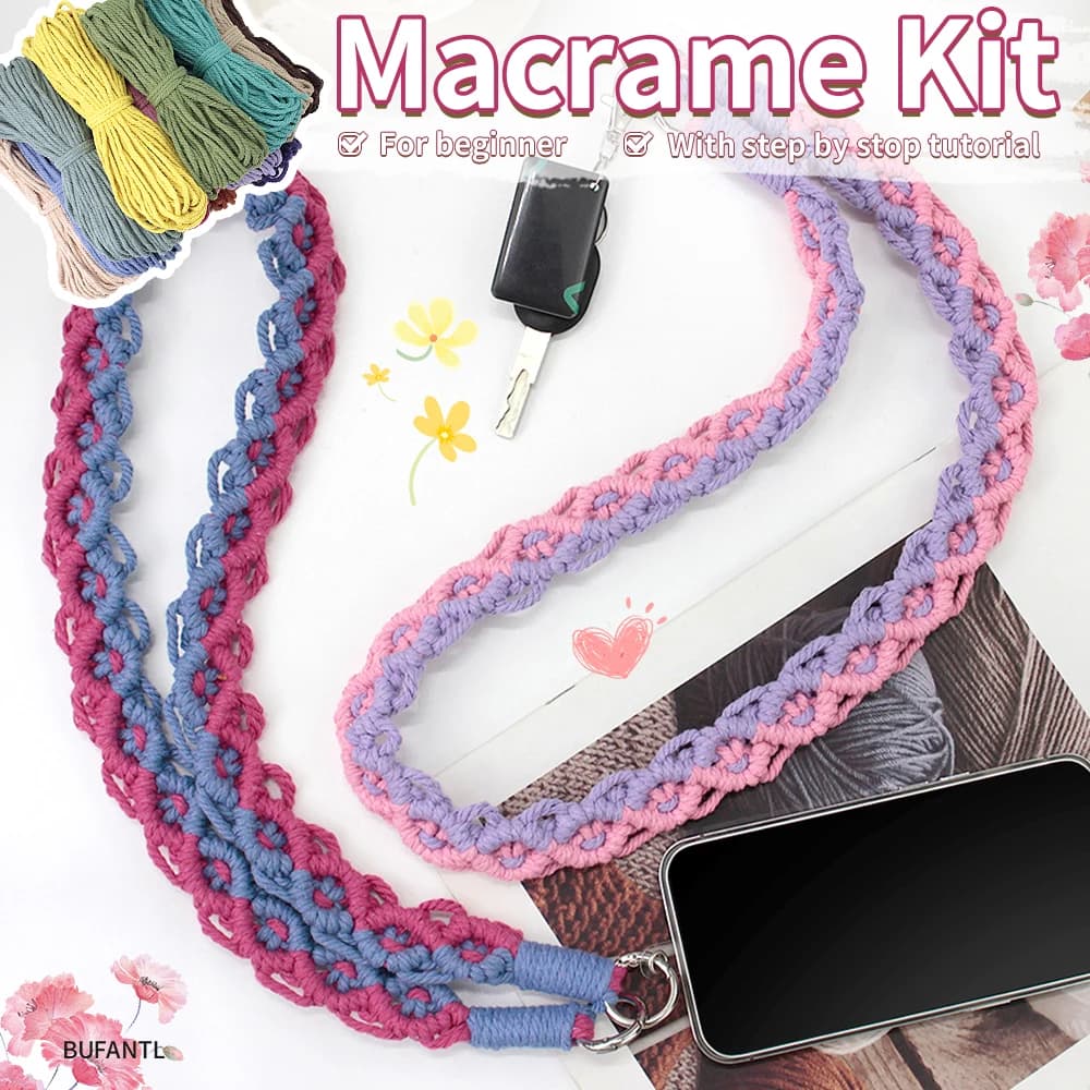 Macrame Kit Diagonal Half Hitch Phone Lanyard DIY Material Pack Polyester Handmade Craft Gift for Beginners Key Bag Camera Strap