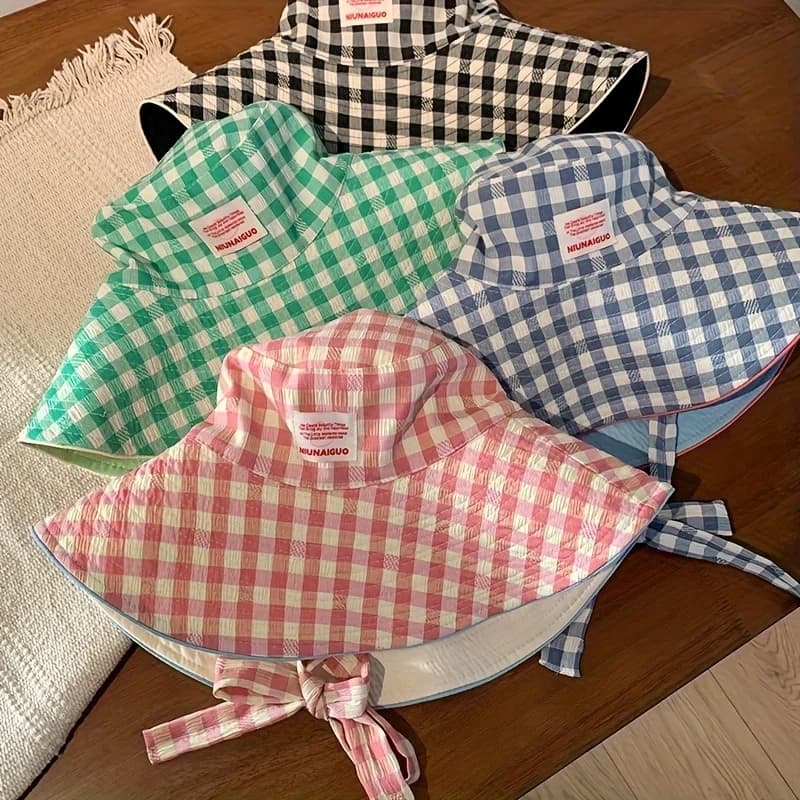 Cappello da pescatore a quadri, alla moda, per la spiaggia, con protezione solare, reversibile, estivo, con protezione solare.