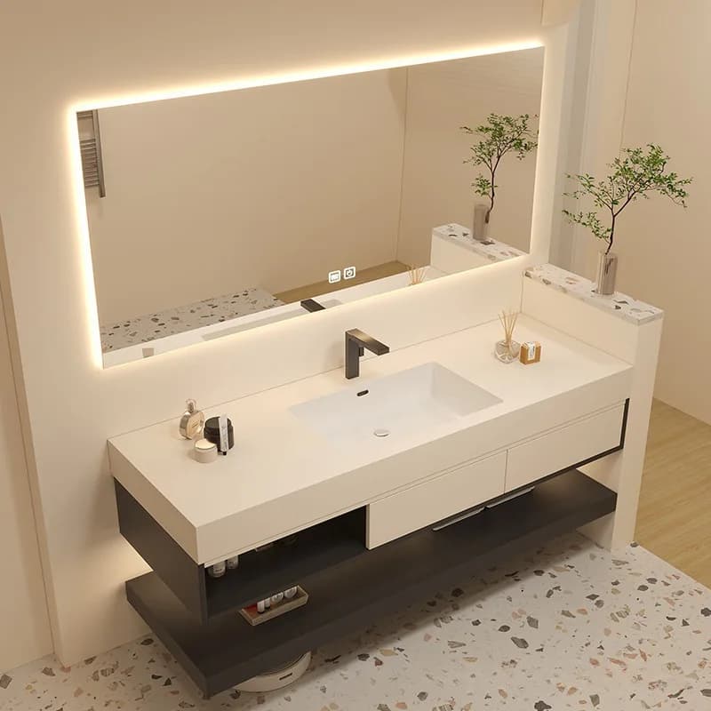 Combinazione di mobili da bagno con lavabo integrato in ceramica senza cuciture con lastra di roccia a specchio semicircolare, lavabo moderno e semplice