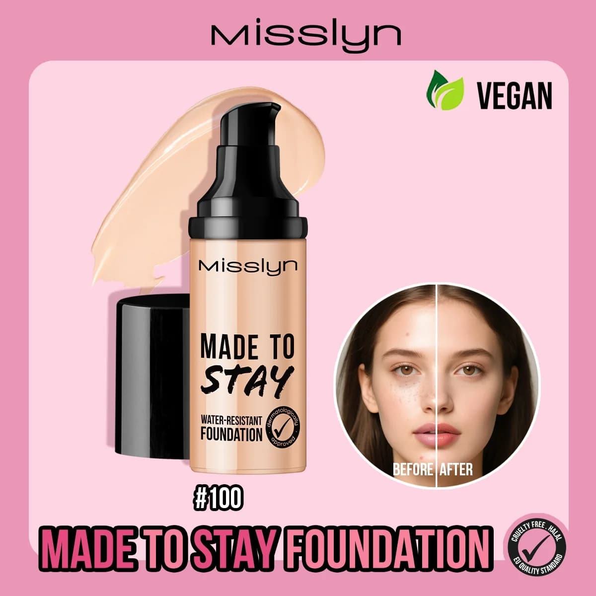 Misslyn Made To Stay Fondotinta Liquido Resistente all'Acqua Lunga Durata Copertura Modulabile Controllo Olio Base Trucco Viso Leggera