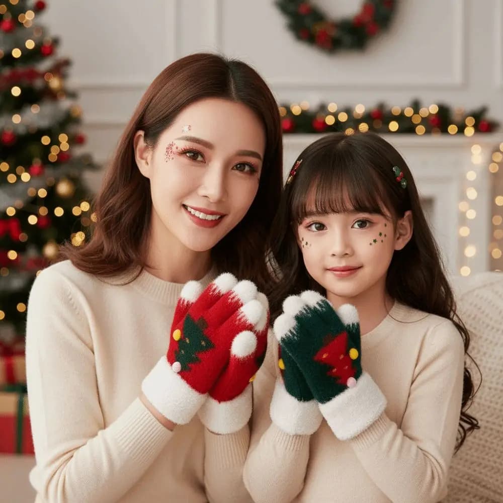 Red Green Christmas Gloves Cuff Elastic Wrist Winter Knit Mittens Double Colored High Quality Touchscreen Full Finger Teens
