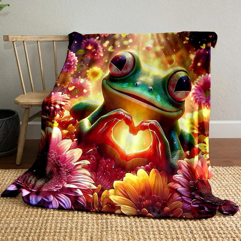 Una rana che fa un cuore con le mani che stampano coperte calde per adulti e bambini, per casa, viaggi, auto, morbide e confortevoli, in diverse misure