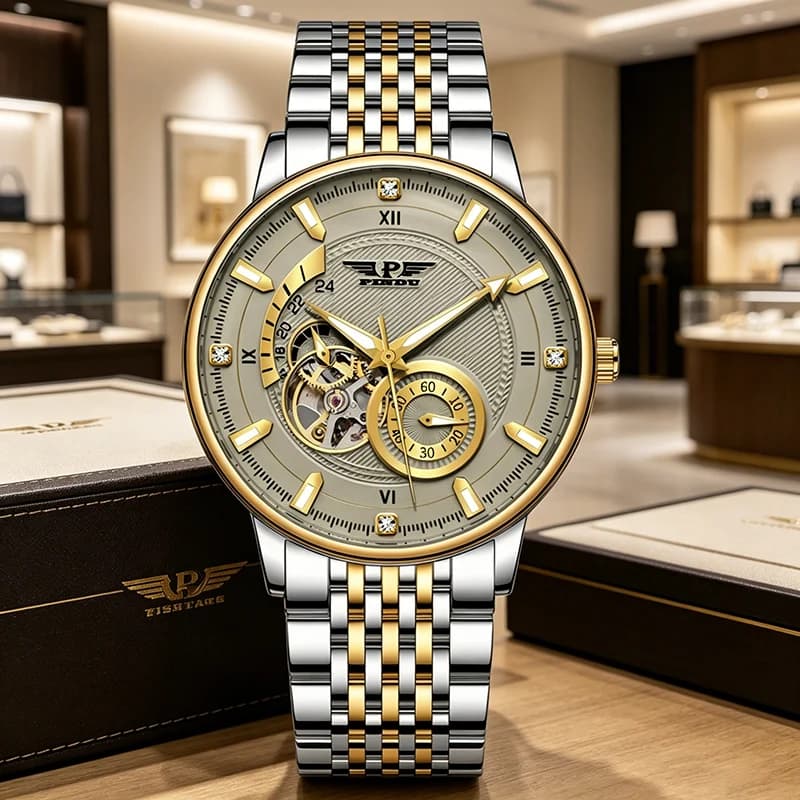 PINDU Luxury Men's Watch Vintage Fashion Classic Stainless Steel Bracelet Double Seconds Dual Time Round Mechanical Wristwatch