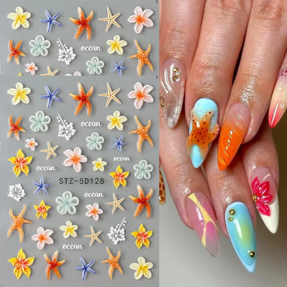2 pezzi di decalcomanie per unghie stelle marine Kawaii adesivi per nail art floreali in fiore 3D decalcomania autoadesiva tropicale estiva per decorazioni per manicure fai da te