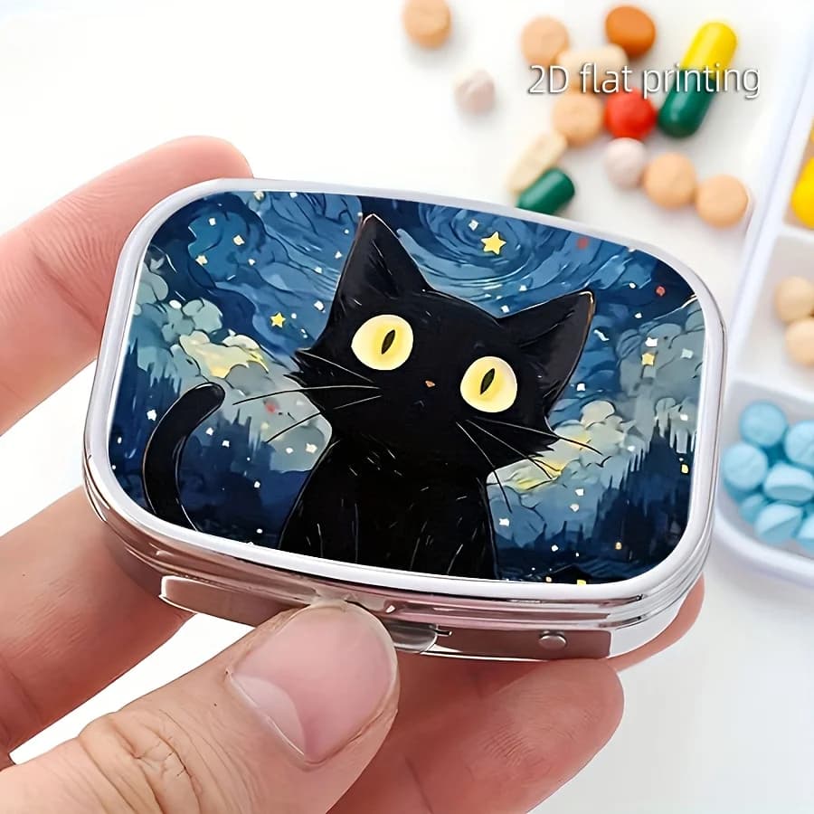 A Cat-Themed Night Sky Pill Box—Double-Layer Design—Portable and Stylish, Suitable for Placing in a Handbag or Carrying on a Trip