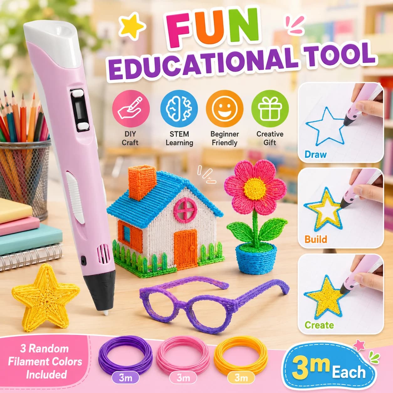 3D Printer Pen Kits LED Screen PLA Filament 3D Drawing Tool Kids Art Craft Set 3D Doodler Pen with Refill Material Creative Educational Toy for Boys Girls DIY Projects Birthday Gift School Home Craft Supplies Easy Use Starter Pack Accessory