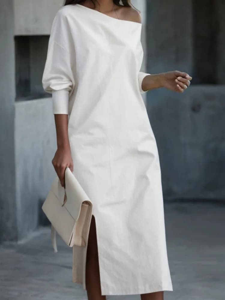 UOOZEE Abito longuette monospalla con spacco laterale di colore bianco nero da donna maniche lunghe abito semplice moda casual tinta unita allentato