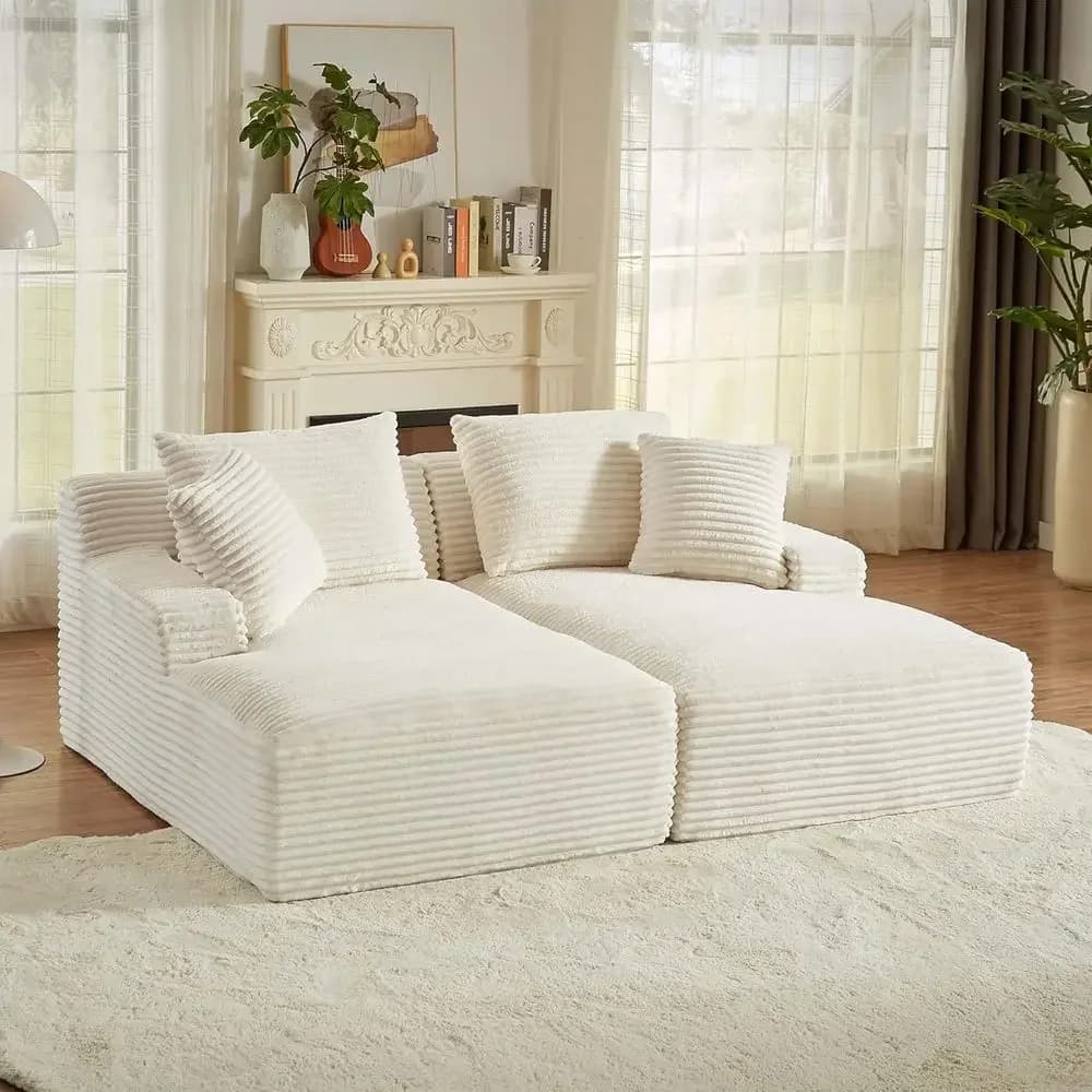 Oversized Double Chaise Lounge Sofa Bed, Corduroy Indoor Lounge Chair with Pillows, Wide Armrests, Deep Seating Cloud Couch for