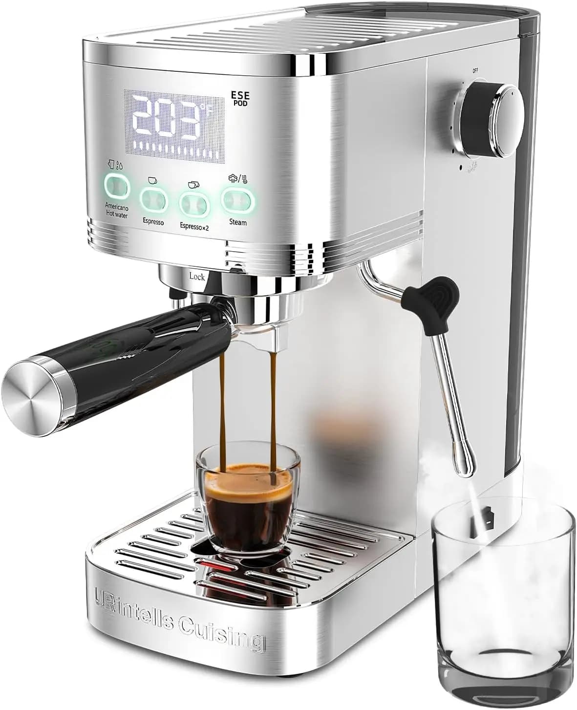 Macchina per Espresso in Acciaio Inox 20 Bar con Montalatte, Display LED per Preparazione Caffè Domestica