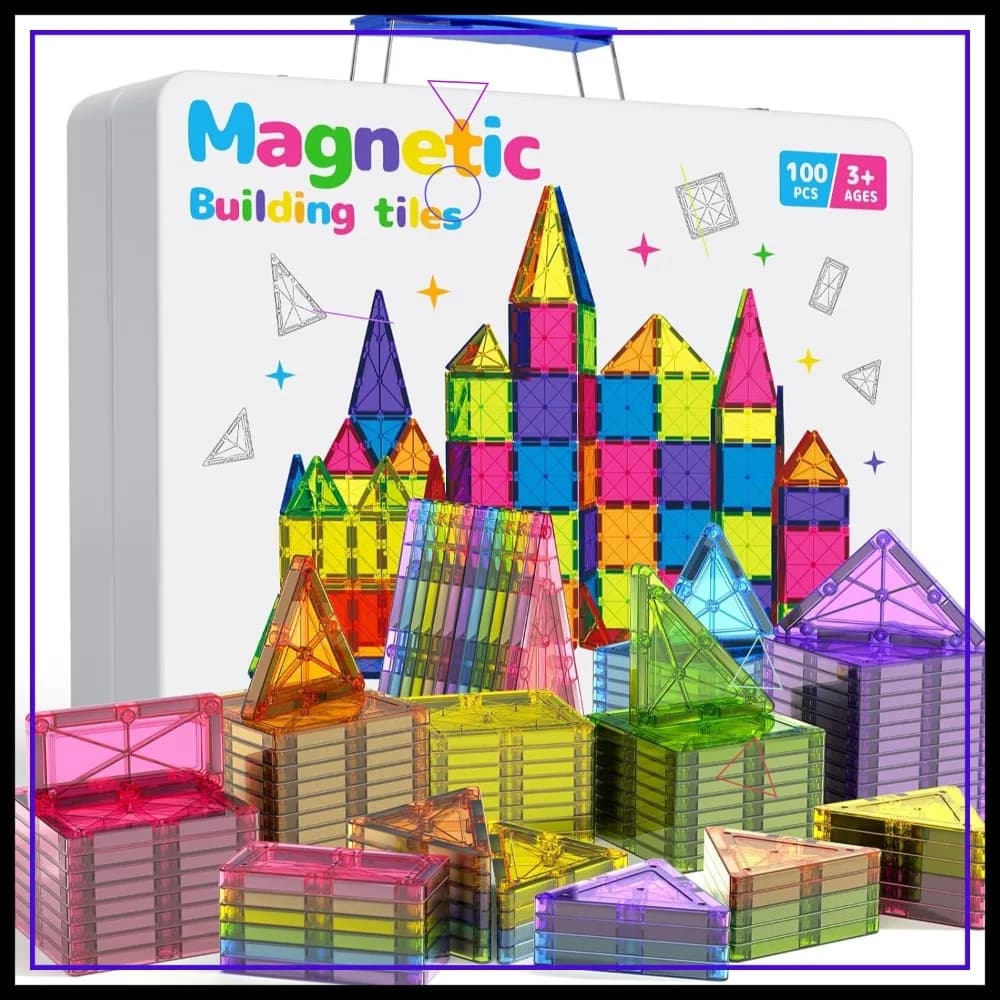 Set di 100 Piastrelle Magnetiche con Custodia in Ferro, Blocchi da Costruzione STEM per Bambini 3-8 Anni, Giocattolo Sensoriale Montessori, Regalo Creativo