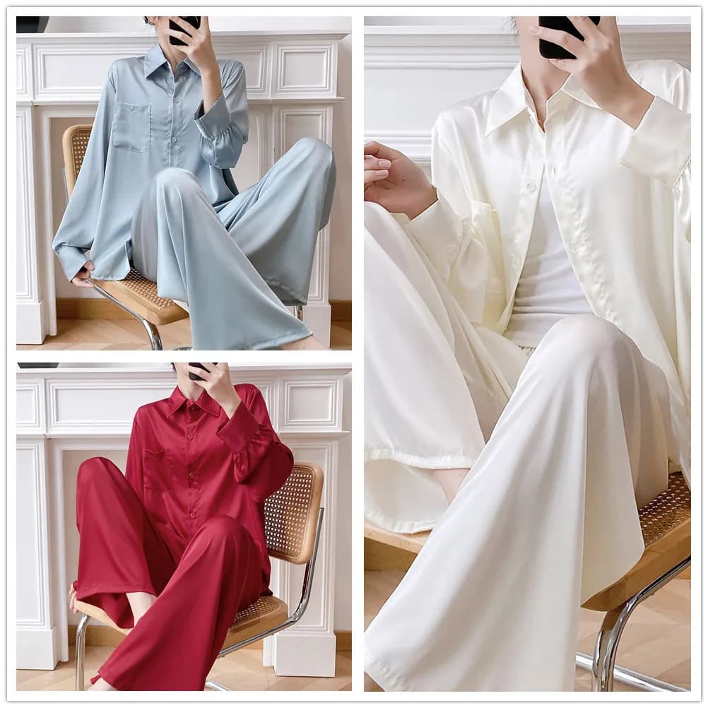 Long Sleeve Pajamas Set Womens Sleepwear Summer Autumn Shirt Trouser Pijamas Suit Loungewear Loose Rayon Homewear