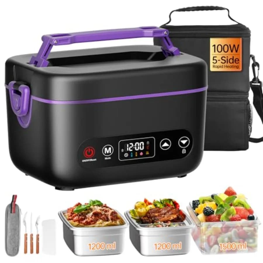 Electric Heated Lunch Box for Office Use, BPA-Free Plastic, Purple, 100W 5D Surround Heat Tech 6x4000mAh Battery