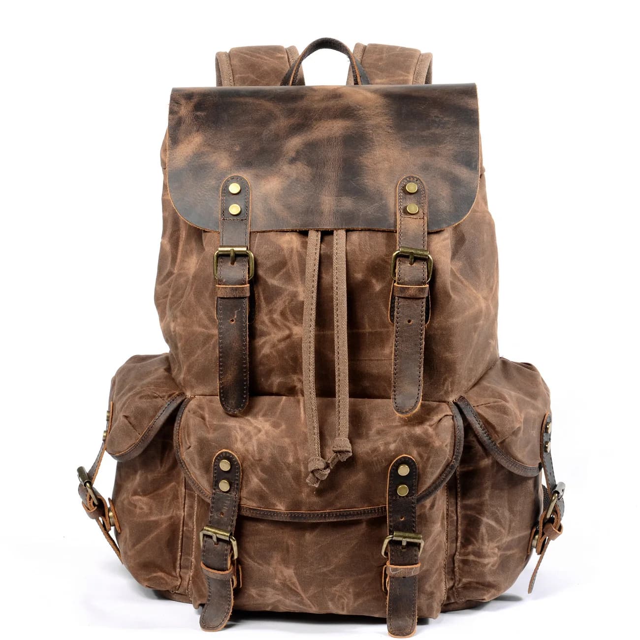 Zaino vintage in tela cerata e pelle, grande zaino con coulisse per escursioni, campeggio e viaggi