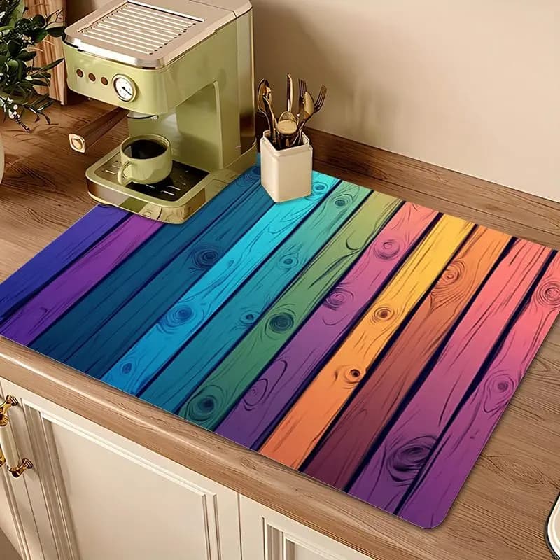 VIKAMA Retro Rainbow Wood Print Diatomite Draining Mat Super Absorbent Non Slip Coffee Maker Glass Counter Pad Kitchen Accessory