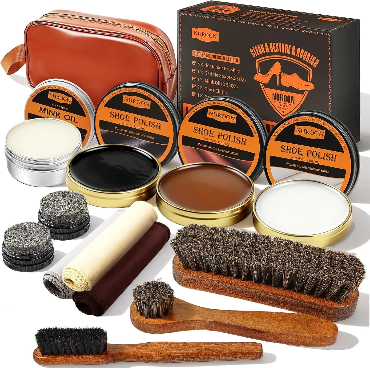 Kit per la cura delle scarpe da 13 pezzi per uomo e donna, 3 spazzole in crine di cavallo per lucidare le scarpe, olio di visone nero, marrone e neutro