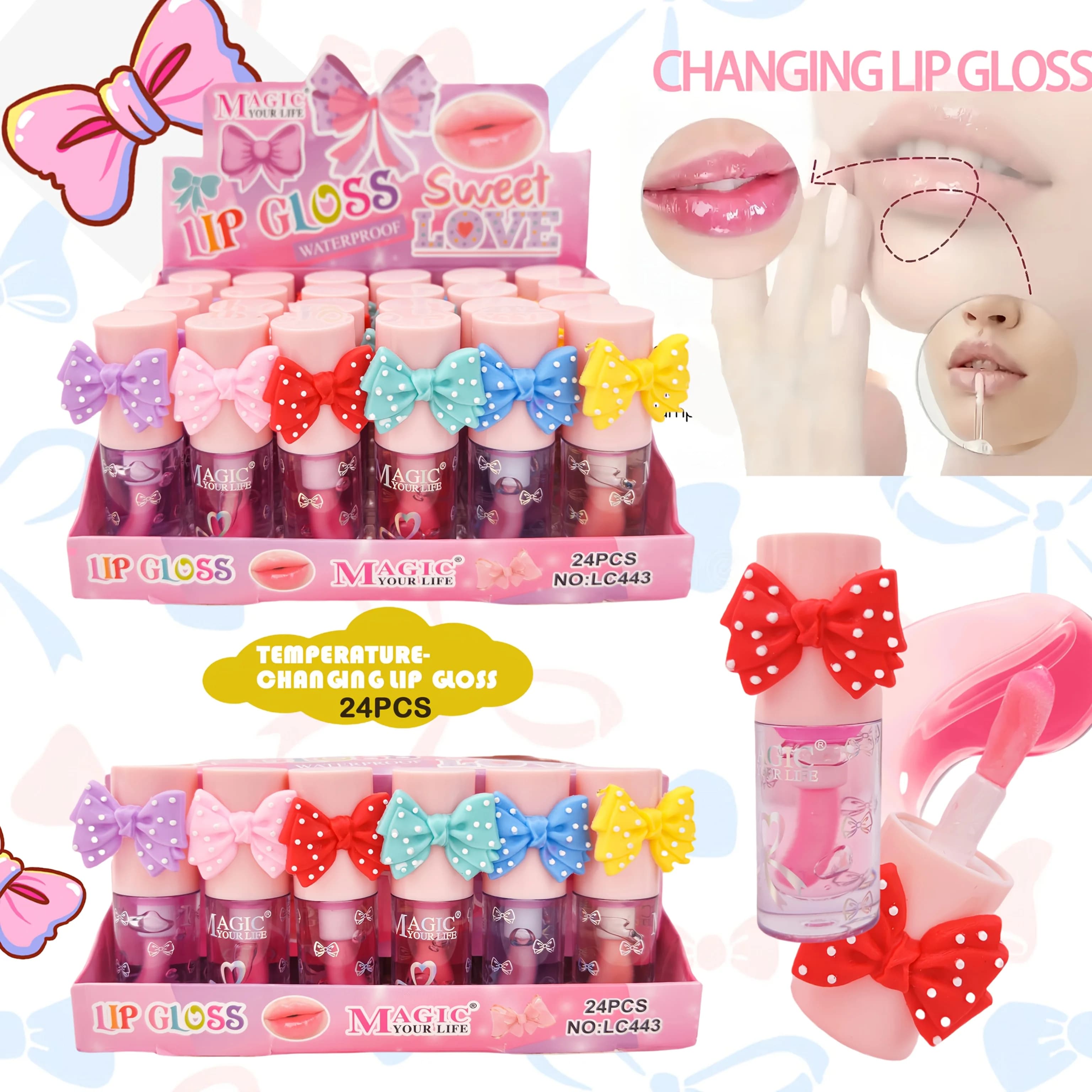 24pcs Cute Lip Gloss Color Changing Lip Gloss Girls Kawaii Moisturizing Longlasting Lips Gloss Makeup Party Gifts
