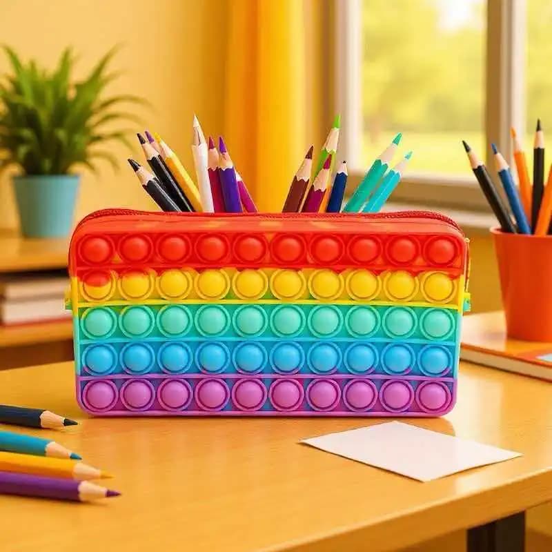 Astuccio Arcobaleno in Silicone con Giocattoli Antistress Push Bubble, Borsa Portaoggetti per Cancelleria, Regalo per Bambini per il Ritorno a Scuola