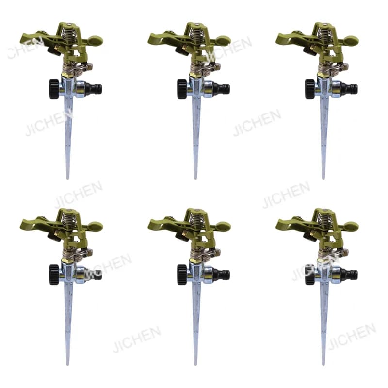 JC 6X 360-degree rotating sprinkler for lawn, garden, golf courses, with metal tip attachment for hose.