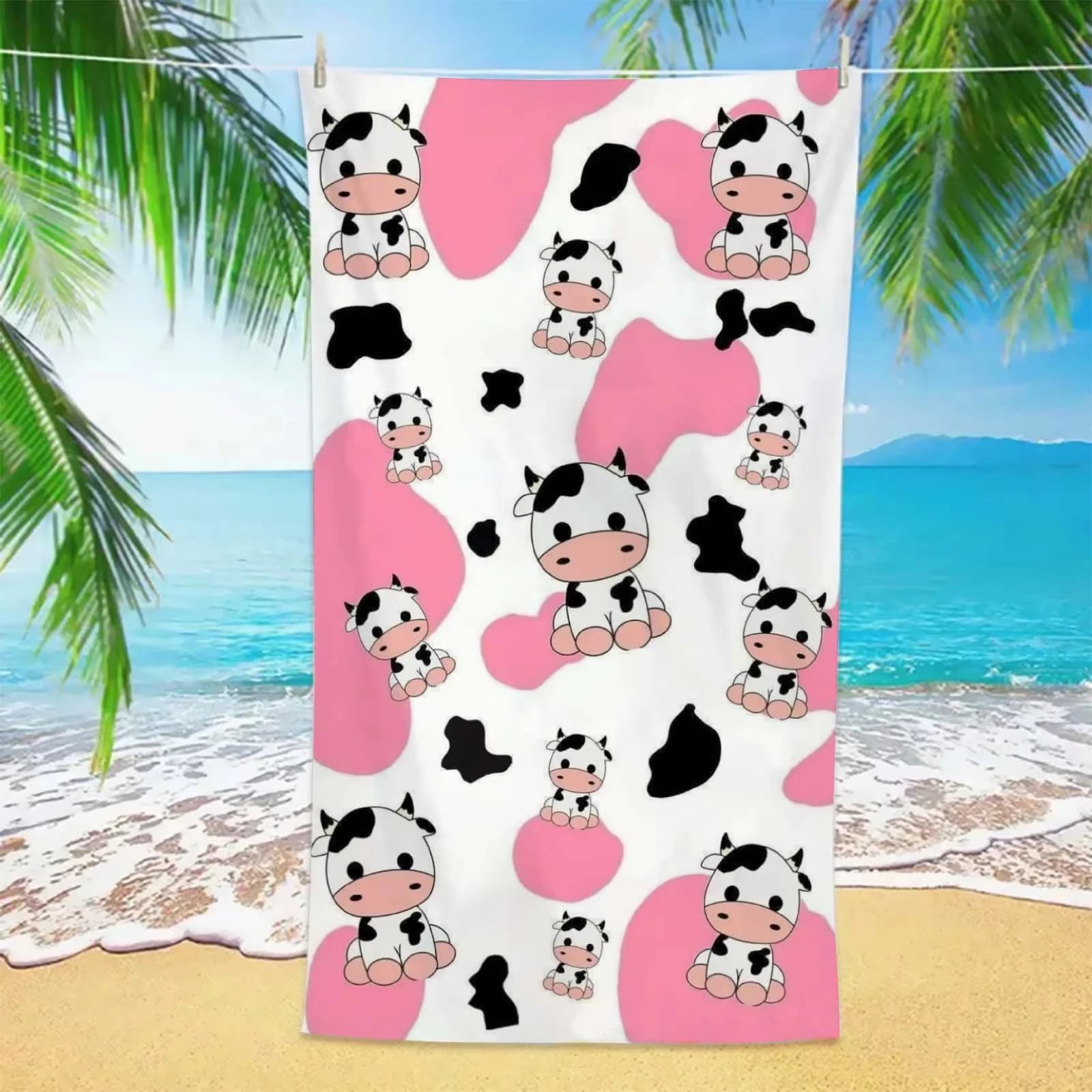 1 asciugamano da spiaggia rosa con motivo mucca, leggero e resistente alla sabbia, ideale per viaggi in spiaggia e in piscina, perfetto per bambini e donne