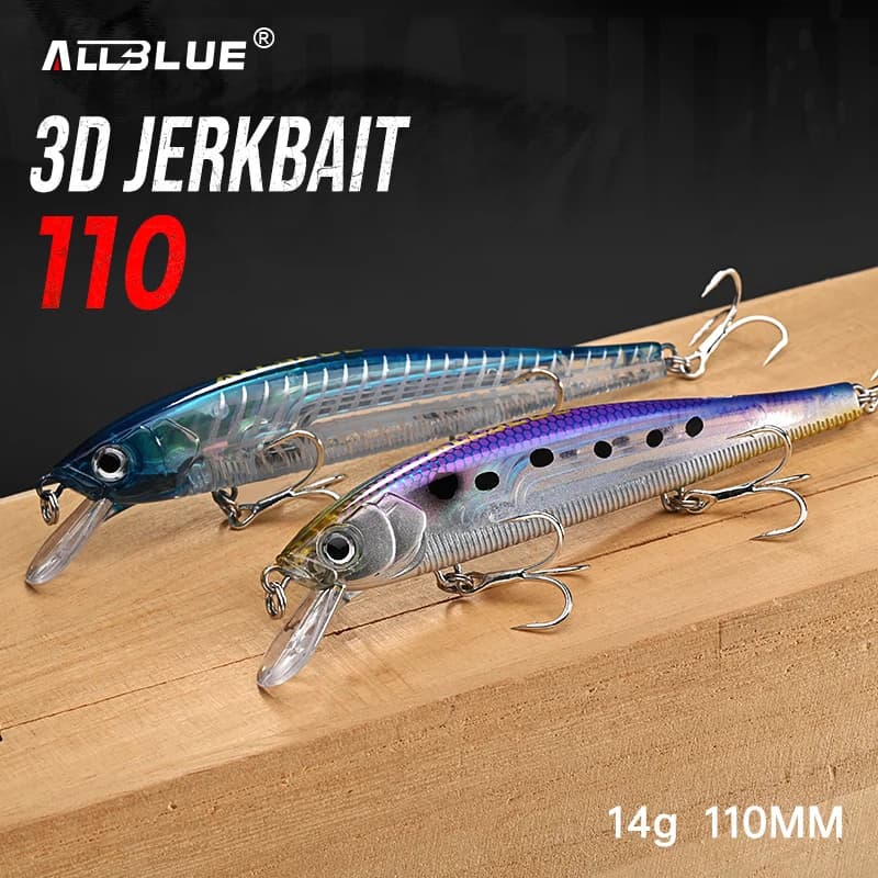 ALLBLUE Esca Artificiale 3D Jerkbait Wobbler 110mm 14g 3DS Galleggiante Lento per Pesca al Bass e al Luccio