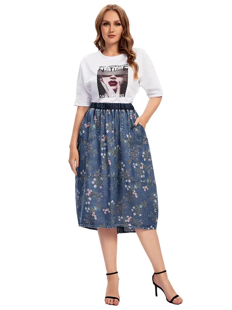Gonna di jeans casual taglie forti da donna a vita alta ALine al ginocchio Gonne svasate vintage blu per donne taglie forti