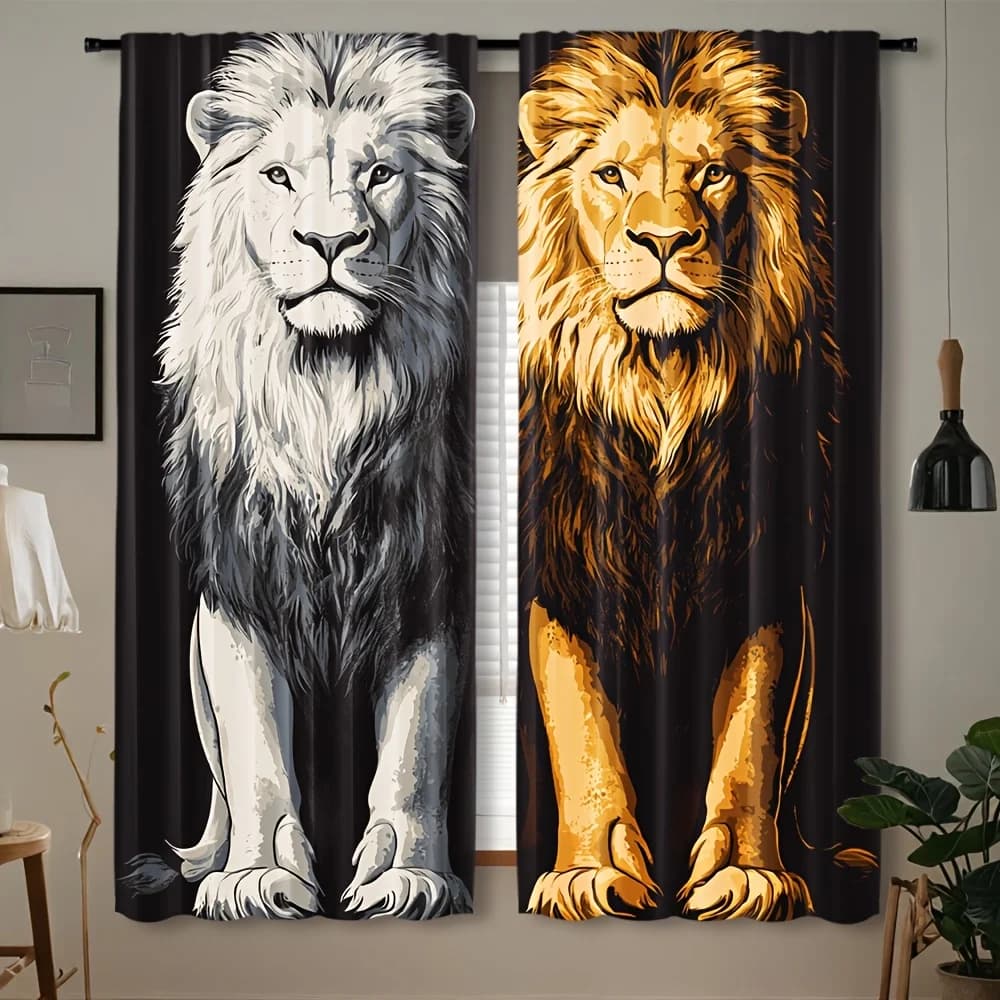 Majestic Lion Print Curtains, Black Gold Animal Pattern Drapes, Modern Living Room Bedroom Window Treatment Home Decor