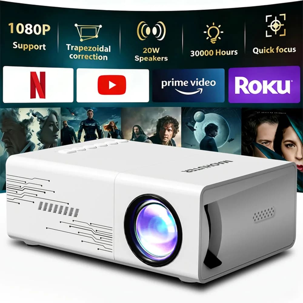 Proiettore Ultra Compatto, Supporta Decodifica Video 1080P, Messa a Fuoco Rapida per Immagini Nitide, Correzione Trapezoidale e 180° ° Rotazione
