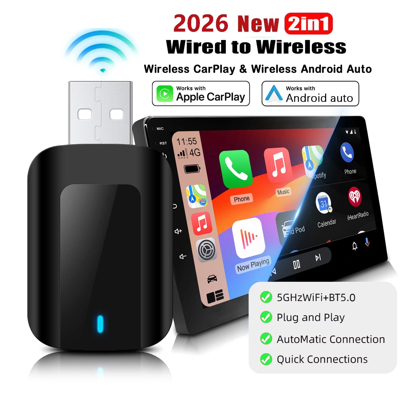 2026 New CarPlay Android Auto 2 in 1 Wireless Adapter with WiFi 5G BT5.0 Plug and Play for compact design for factory wired cars