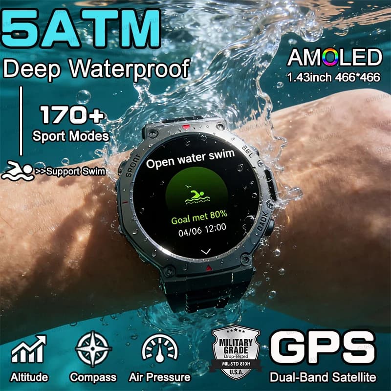 2026 Popular New Military GPS Man Smart Watch T-Rex3 OutdoorCompass Sport HD Call IP69/10ATM Waterproof Smart Watch for Xiaomi
