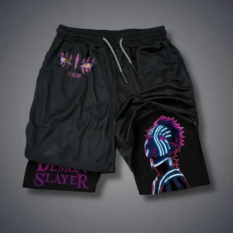 Pantaloncini da palestra 2 in 1 con stampa neon Anime Demon Slayer Akaza Upper Moon 3, pantaloncini streetwear a doppio strato ad asciugatura rapida da uomo