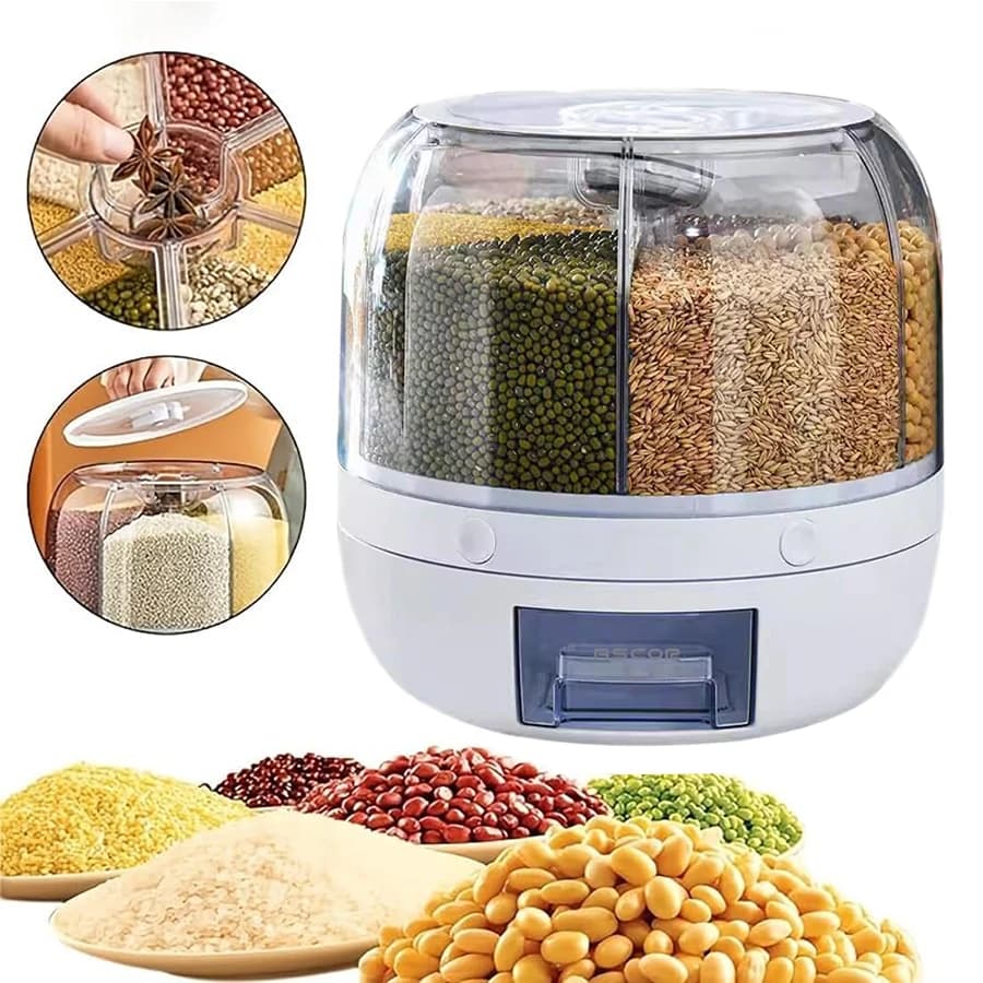 360 ° Dispenser alimentare rotante a 6 griglie: contenitore ermetico da cucina per cereali, cereali e prodotti asciutti