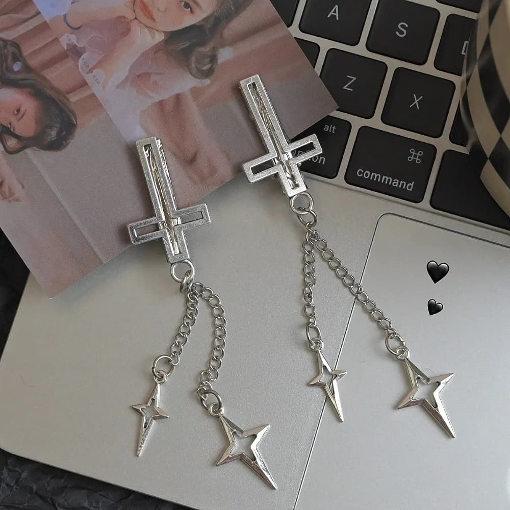 Trend Punk Cool HairClip Metal Edge Clip Y2Y Cross Star Pendant Chain HairPin One Word Clips Women's Side Clip Hair Accessories