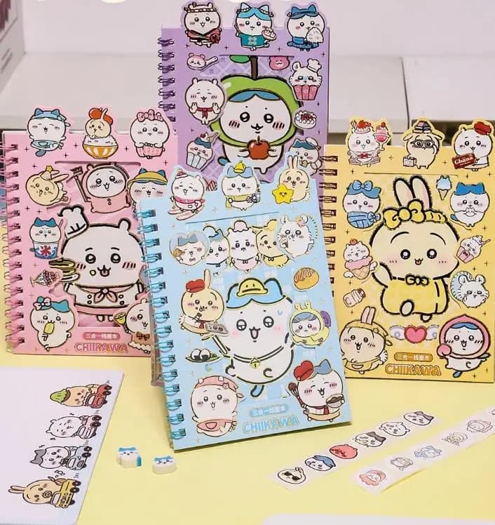 Quaderno con adesivi Chiikawa (4 pezzi), Quaderno multifunzionale fai-da-te per bambini Chiikawa, Manuale per studenti, Quaderno a spirale per appunti