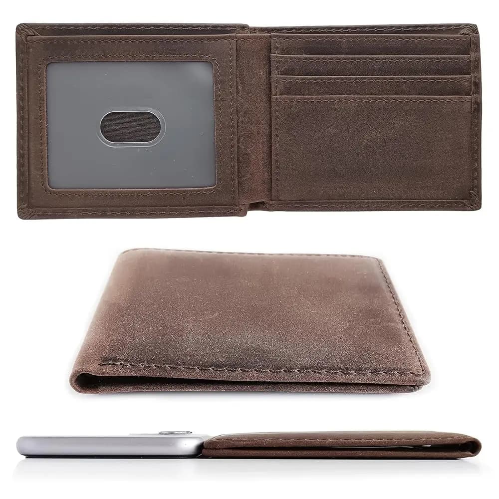 Portafogli da Viaggio Bifold per Uomo, Sottili con Blocco RFID, Spedizione Gratuita | Portafoglio compatto sottile in vera pelle con tasca frontale | Minimalista C