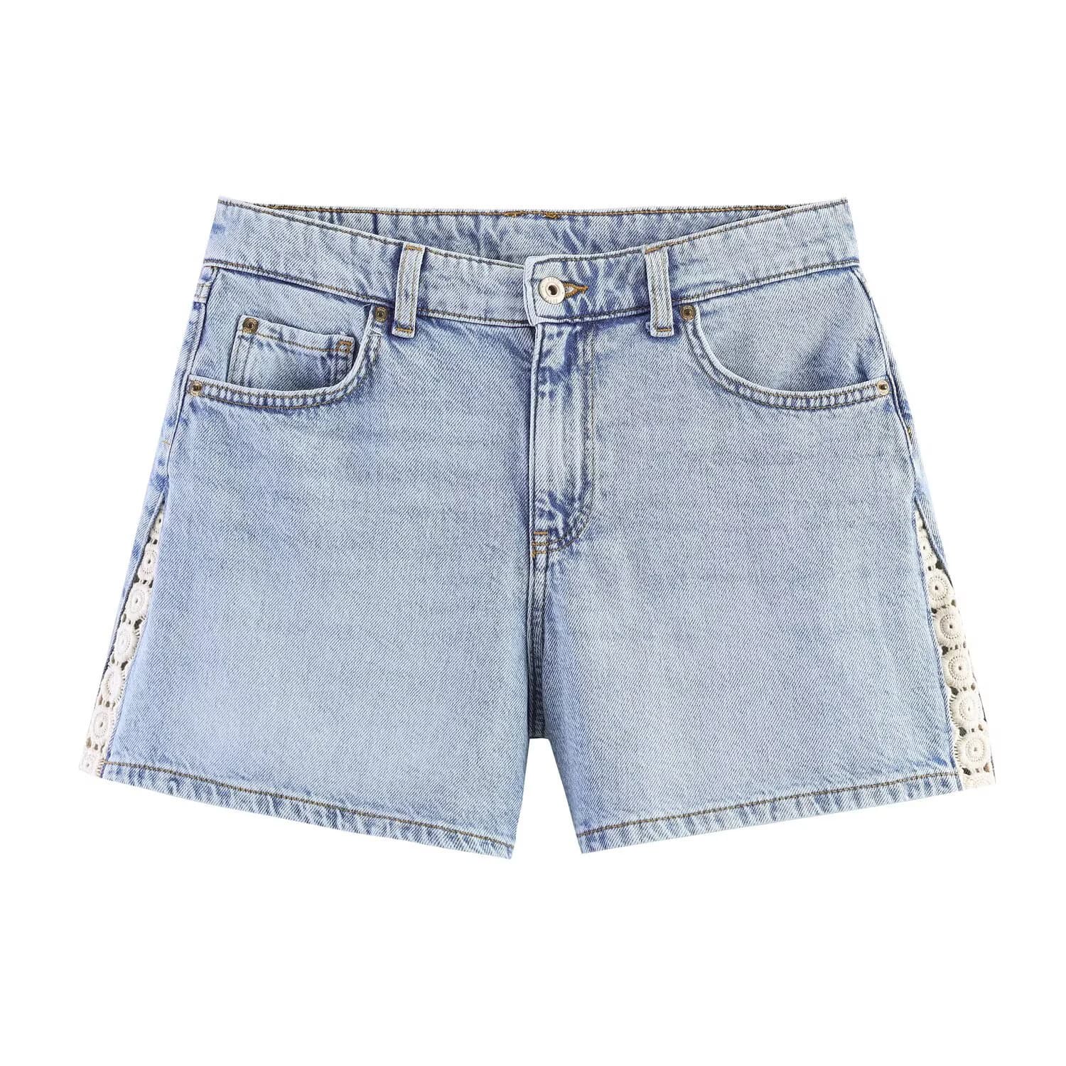 Nuovi arrivi estivi in stile europeo e americano, shorts in denim patchwork a vita media con cerniera e bottoni in metallo, casual da donna