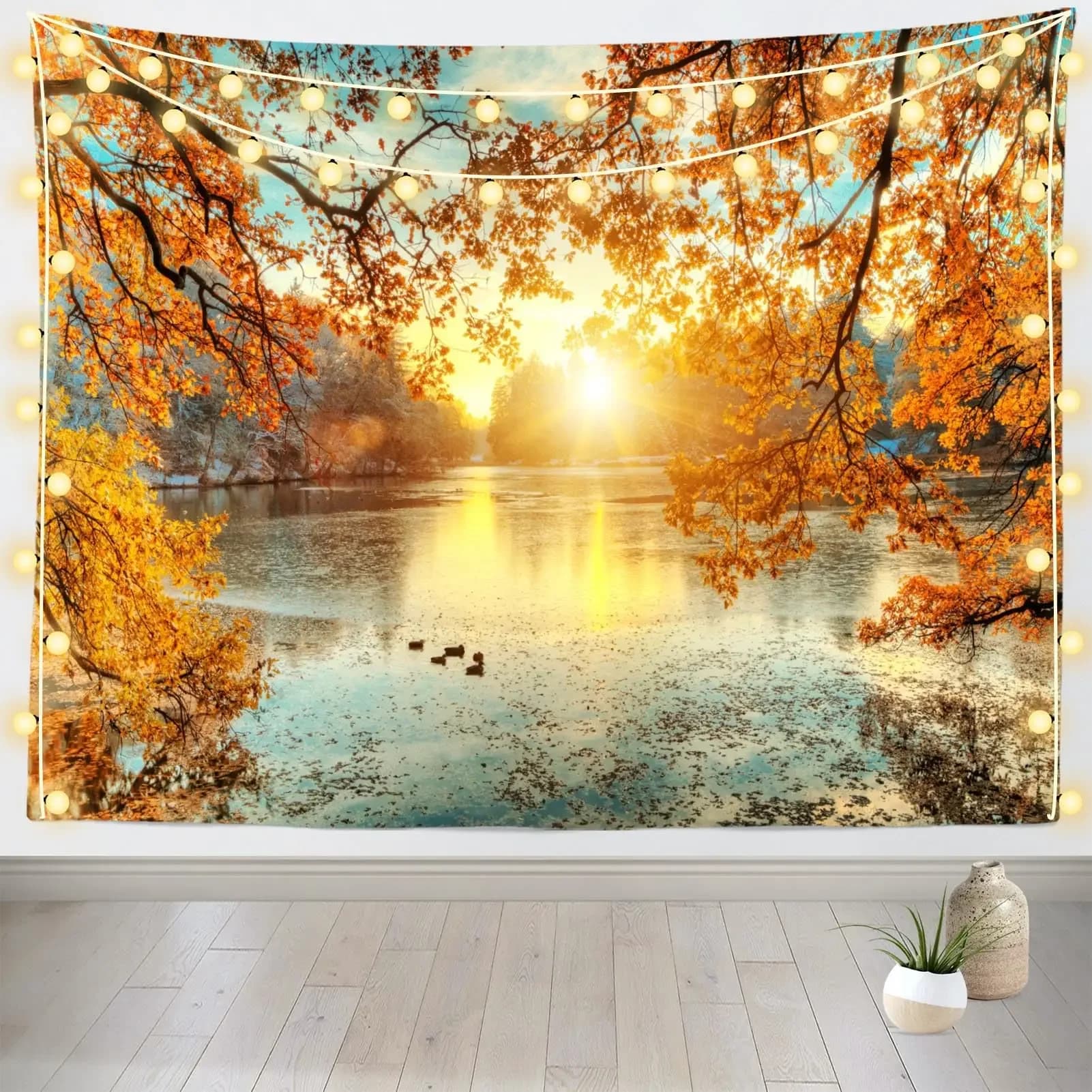 Autumn Forest Tapestry Fall Yellow Trees Maple Leaves Wall Hanging, Autumn Natural Landscape Tapestry Thanksgiving Party Decor