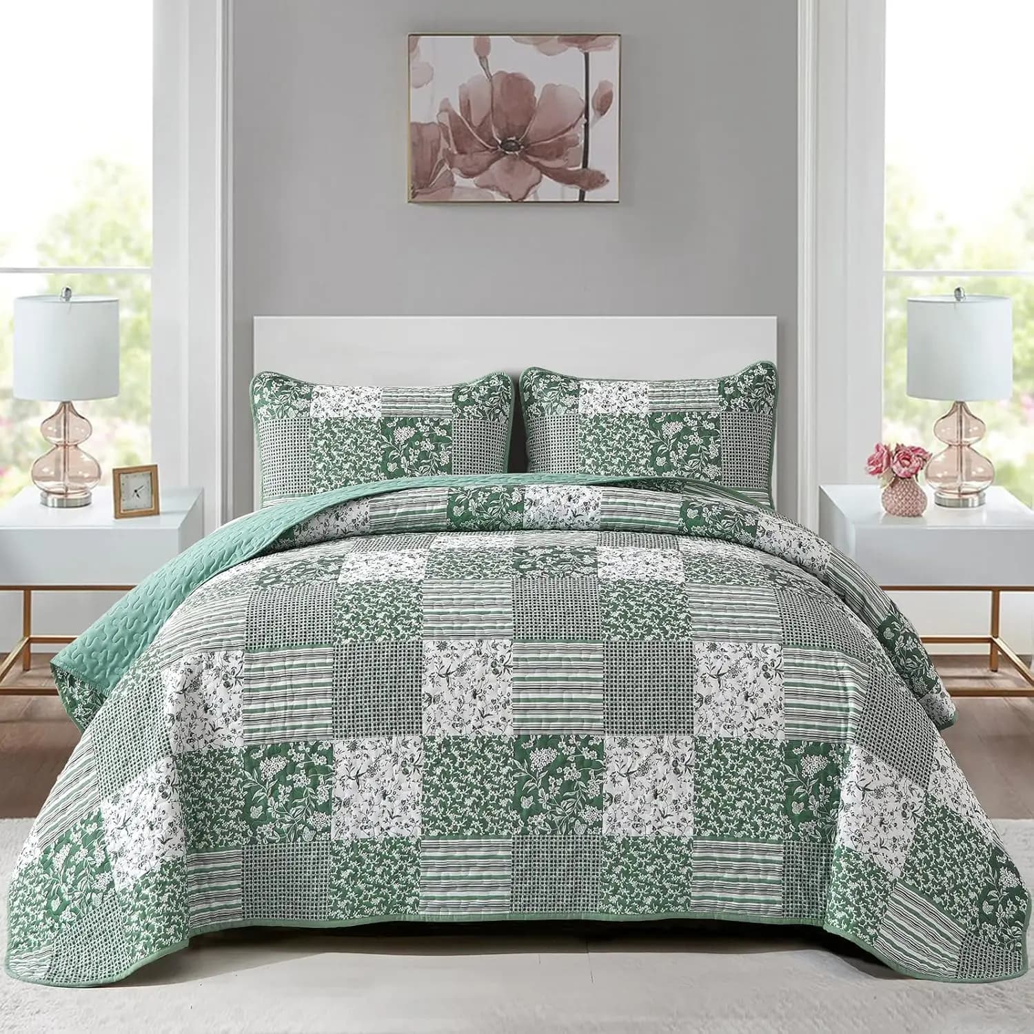 3-Piece Reversible Floral Plaid King Quilt Set - Green Boho Bedspread 90x104