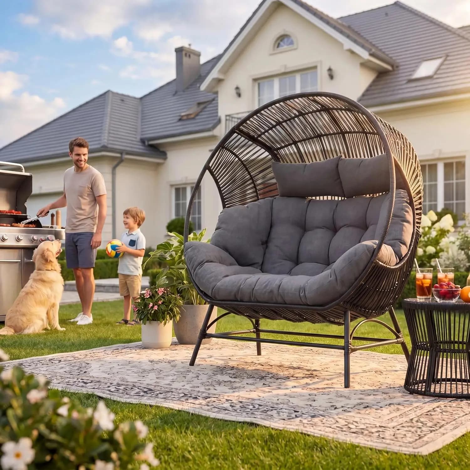 Poltrona a uovo rotonda da esterno con braccioli, doppia poltrona lounge con cuscini e poggiatesta, seduta in vimini per patio e giardino, nera, personalizzabile