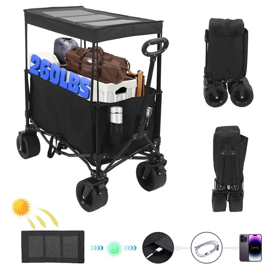 Carrello Pieghevole con Tettuccio Solare, Carrello con Pannello Solare Portatile da 30W, USB, Type-C, Prese DC