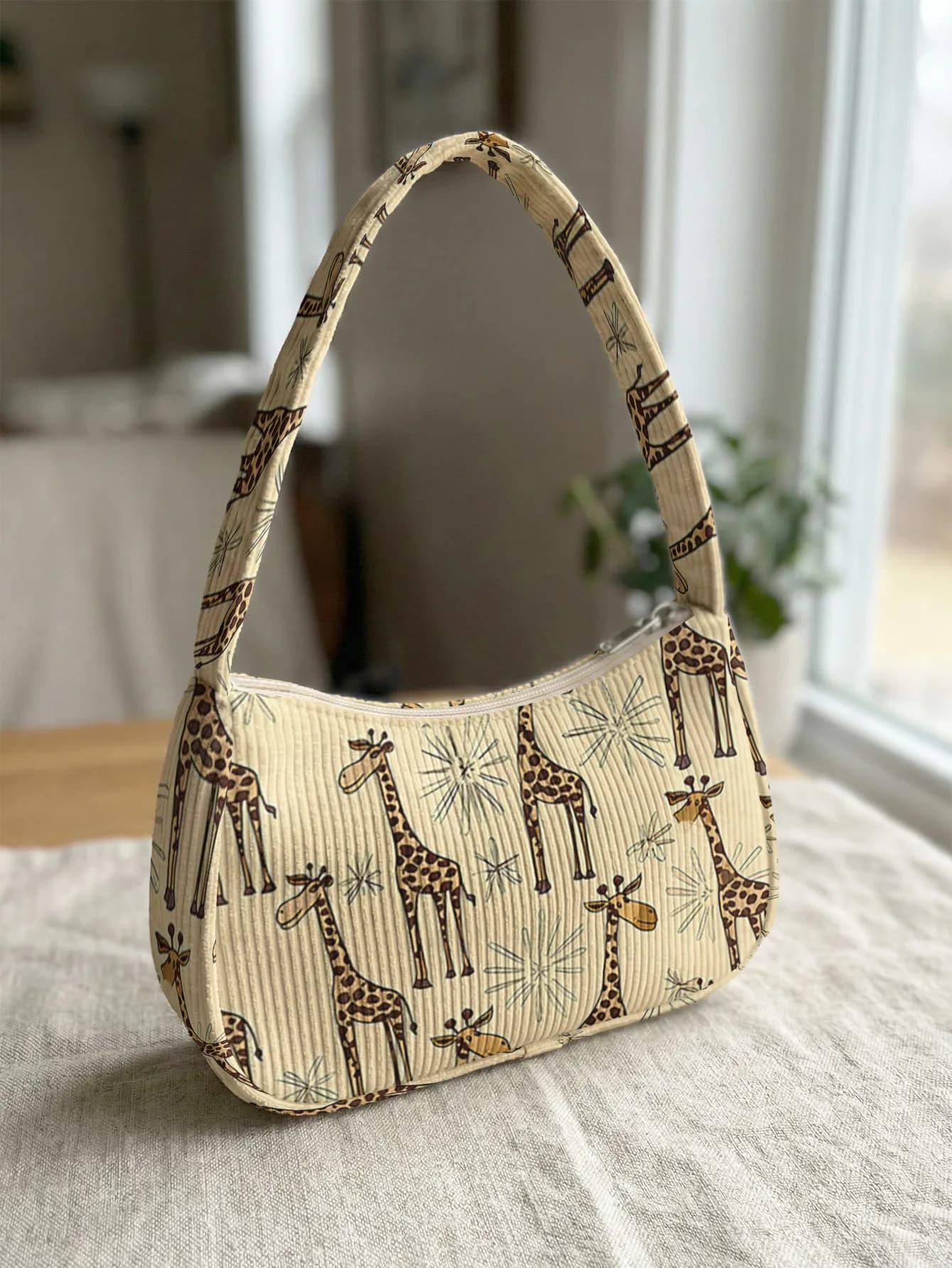 Borsa a Tracolla Trendy con Stampa Giraffa, Borsa Sottobraccio in Velluto a Coste Beige Safari