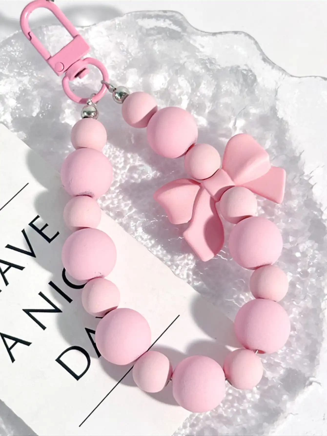 Portachiavi con fiocco di perle rosa, catena per cellulare, custodia per auricolari, cordino anti-smarrimento, portachiavi per auto, ciondolo con perline, accessorio per zaino
