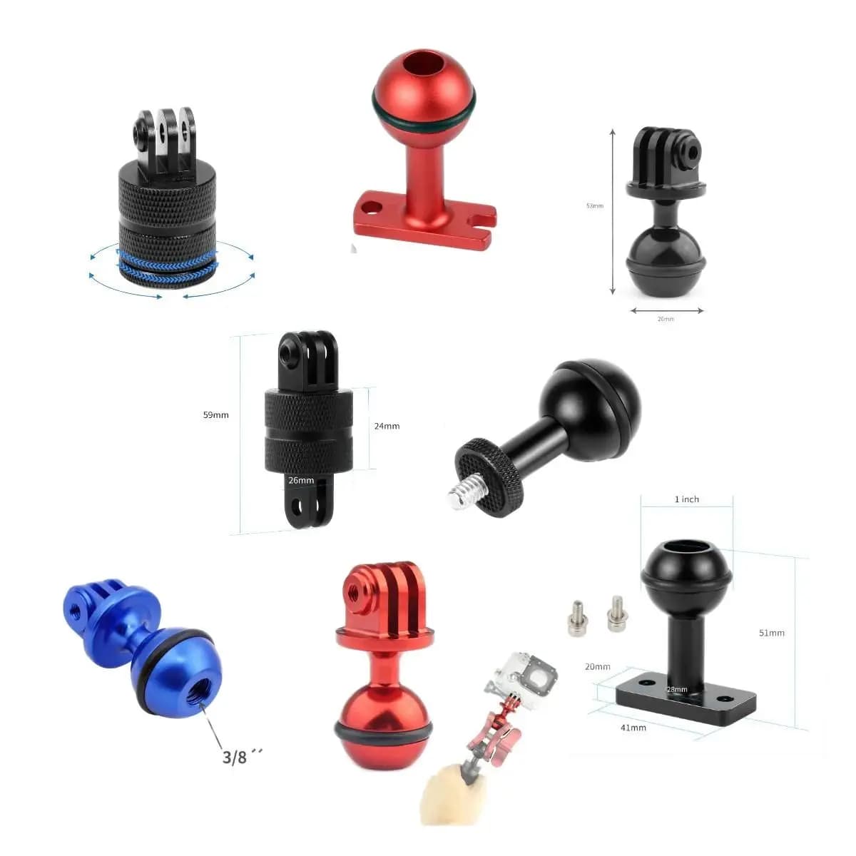 Adattatore per treppiede con testa a sfera per fotocamera Base di montaggio per staffa per luce flash per Gopro 13 12 11 10 9 DJI Osmo Action Action2 DSLR subacquea