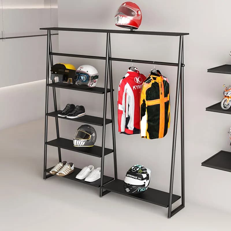 wind locomotive clothing, helmet display rack, floor-to-ceiling multi-layer motorcycle jacket, gloves, hat storage display rack