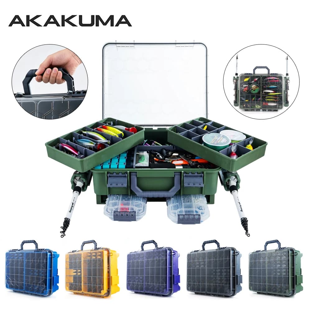 Multi-Functional Fishing Tackle Box ABS PP Lure Box with with Hidden Accessory Trays and Dual Rod Holders Storage Organizer