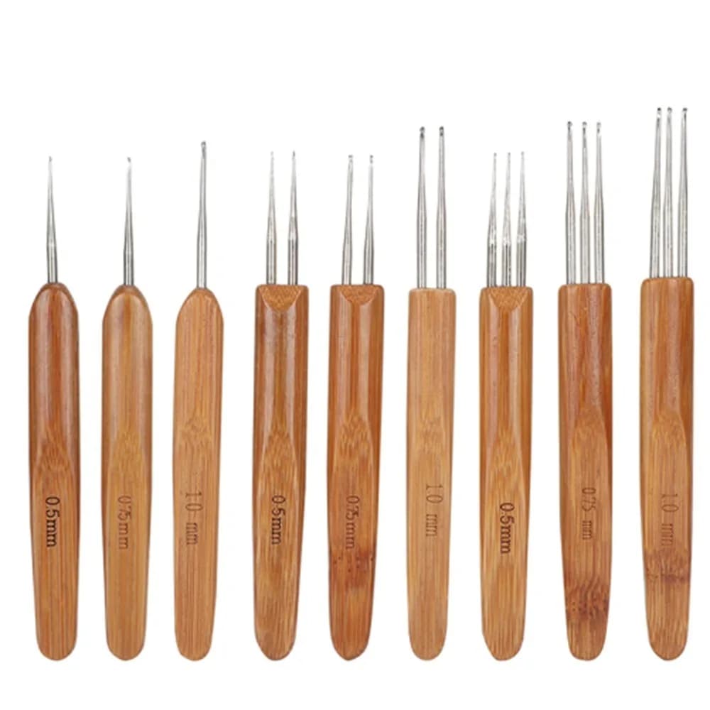 9Pcs Bamboo Handle Dreadlock Crochet Hook Single Double Hook 6Pcs Loc Needle Hair Braiding Tool 0.5mm 0.75mm Sizes