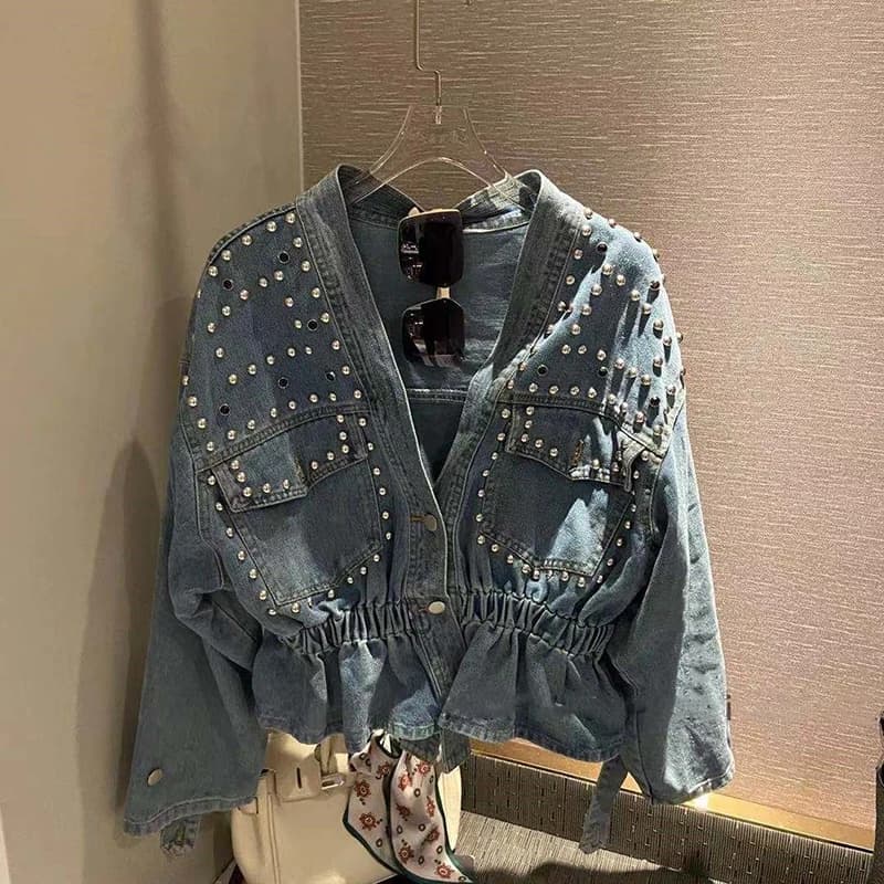 Giacca di jeans con perline streetwear Donna Harajuku Jeans con diamanti Cappotti Moda Coreana Grunge Manica lunga Capispalla dal design casual