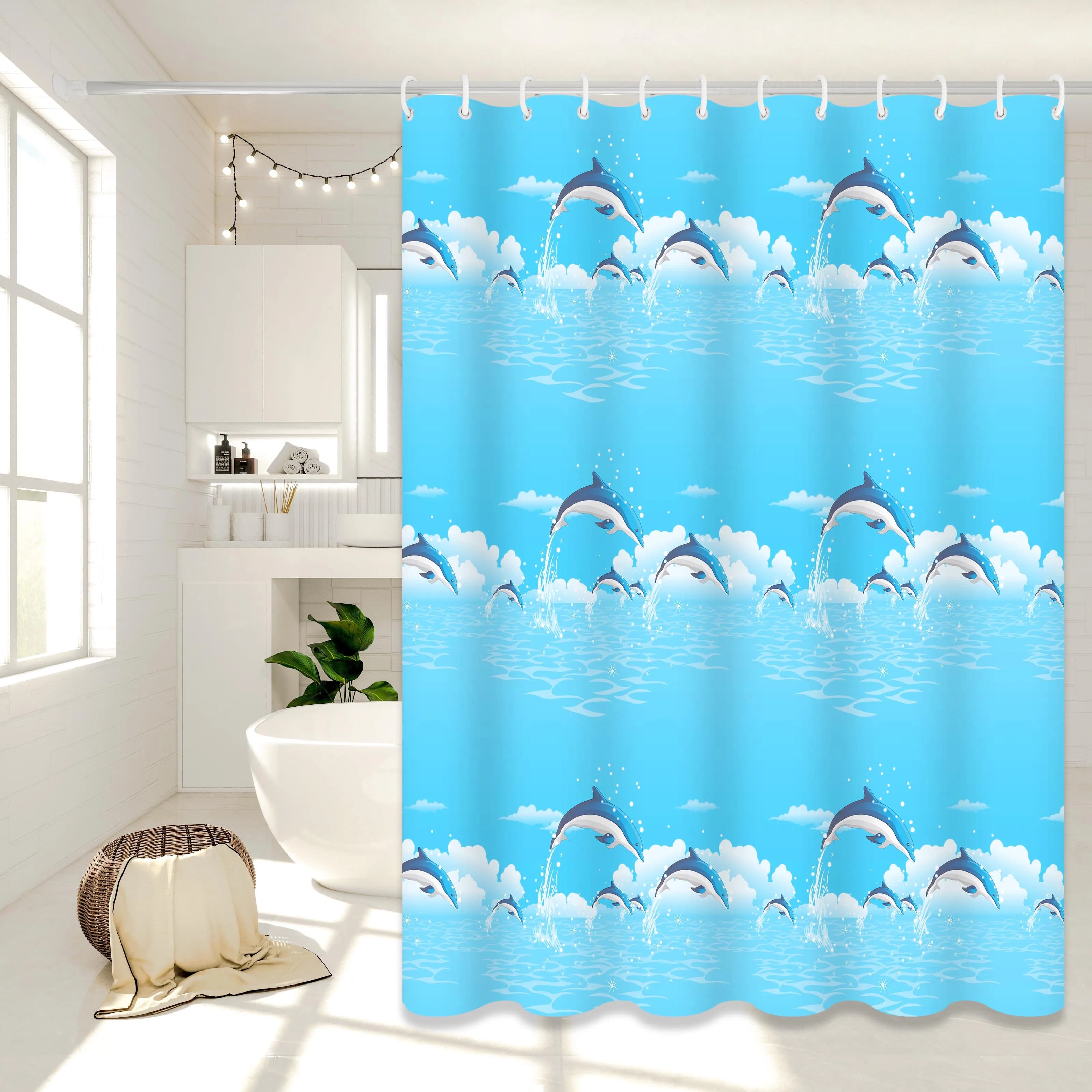 Tenda da doccia con stampa di delfini, tenda da bagno a tema oceano, graziosa tenda antivento per il bagno della cameretta genitori-figli