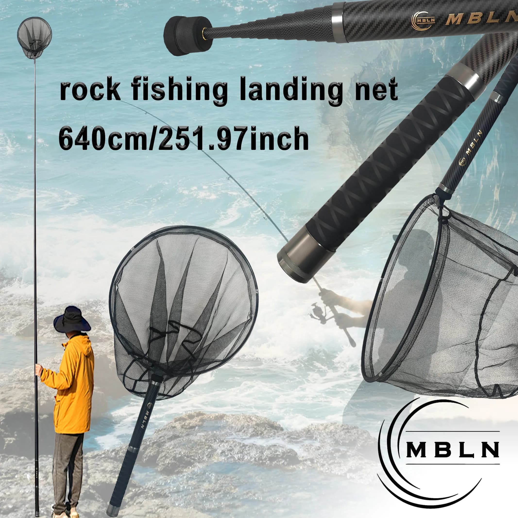 MBLN Guadino in carbonio extra lungo da 6,4 m, design piegato ultracorto da 57 cm, palo in carbonio a 7 strati con testa in rete da 50 cm per la pesca su roccia