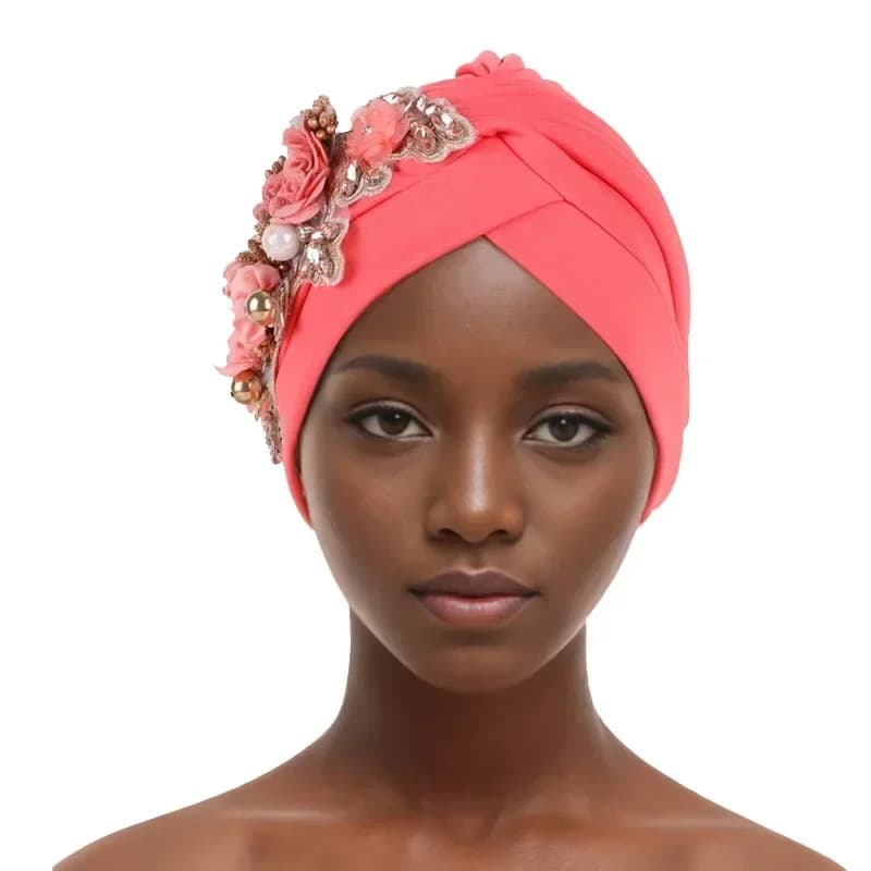 Turbante con Fiori di Perle per Donne, Copricapo Plissettato, Gele Africano Automatic, Copricapo per Matrimoni Nigeriani, Hijab Musulmano
