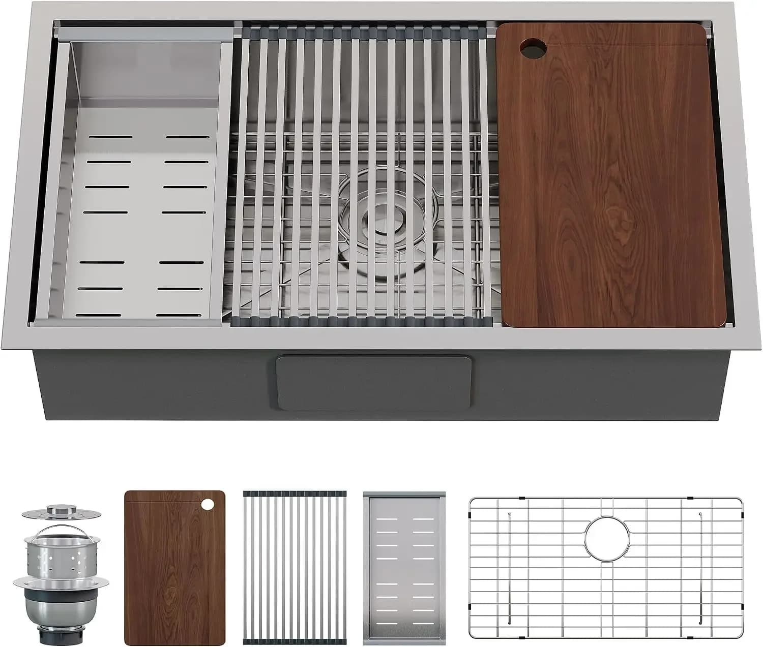 32 x 19 in Workstation Undermount Sink, 304 Stainless Steel | 16 Gauge Single Bowl Kitchen Sink with Cutting Board, Drying Rack,
